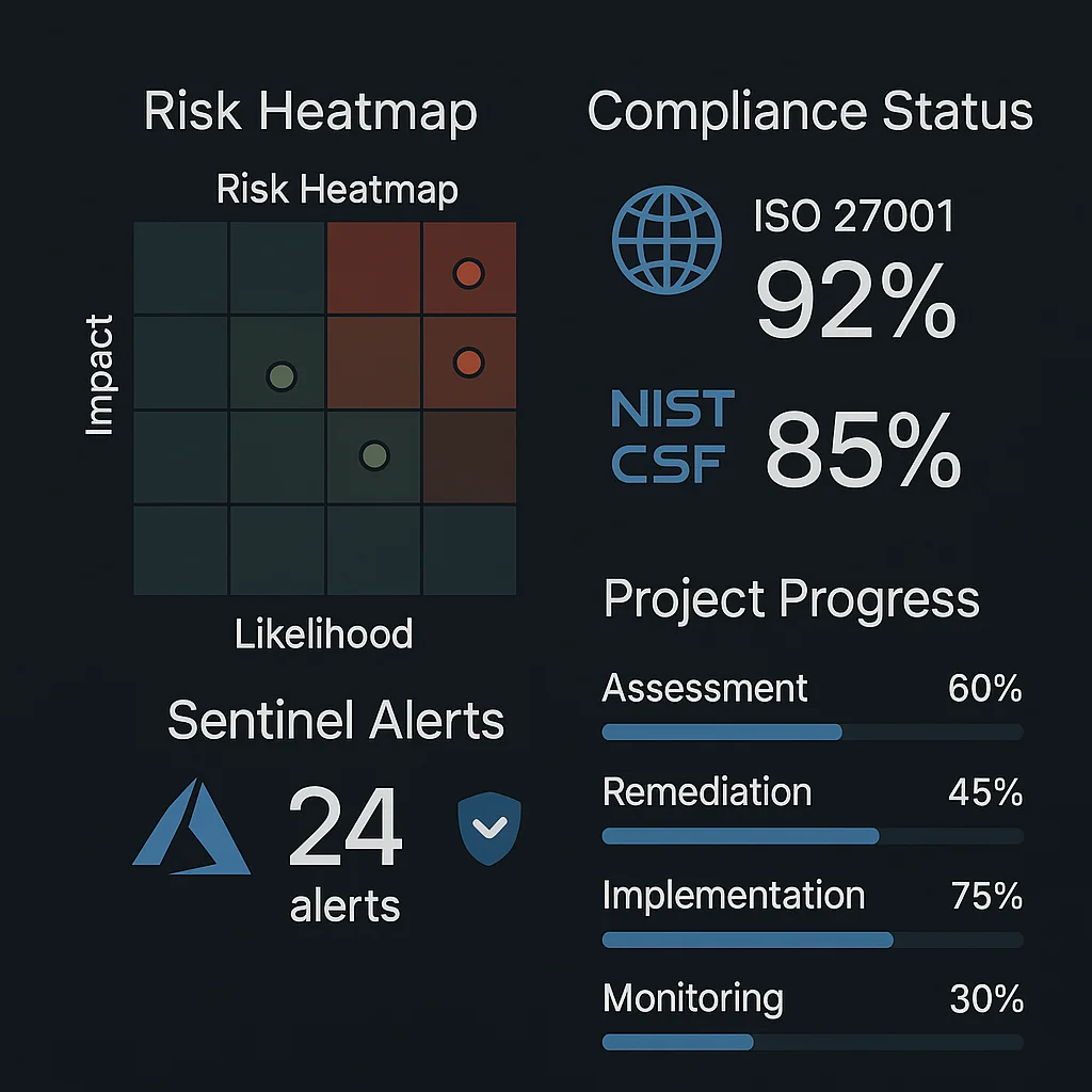 Cybersecurity dashboard showing risk heatmap, ISO 27001 and NIST CSF compliance status, Sentinel alerts, and project progress metrics